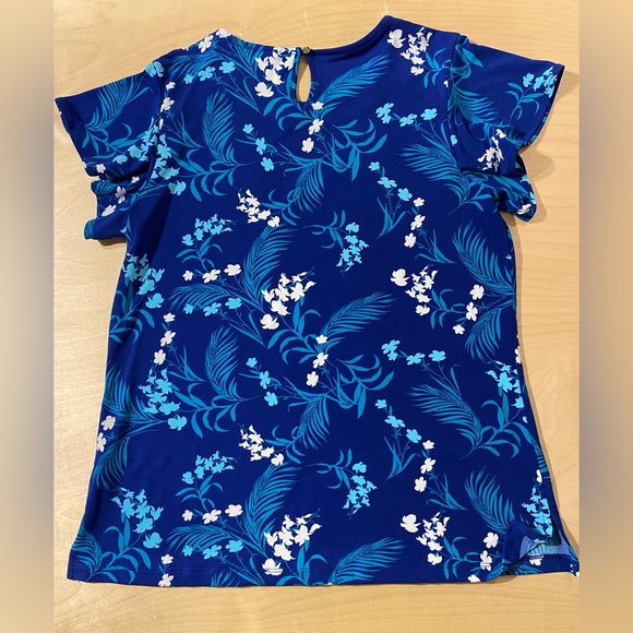 Liz Claiborne Blue Tropical Floral Short Sleeve Top Medium (QT) - Picture 5 of 6